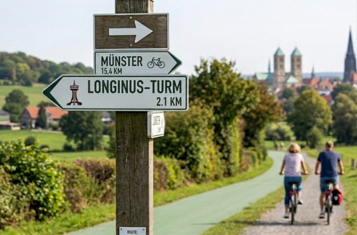 Wegweiser für Radfahrer nach Münster und zum Longinus-Turm in den Baumbergen Wegweiser für Radfahrer nach Münster (~ 15 km) und zum Longinus-Turm (~ 2 km) in den Baumbergen